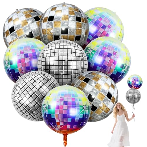 Discokugel-Ballons, 55,9 cm, Aluminiumfolienballon mit 10 m Band, 4D-Metallkugel, Heliumballons für 70er-, 80er-, Disco-Party-Dekorationen, Geburtstag, Junggesellinnenabschied, 9 Stück von iewrtcin
