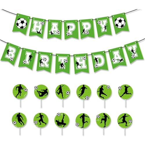 iewrtcin 13 Stück Happy Birthday Fußball-Banner mit Fußball-Cupcake-Topper, Dekorationen, Kuchen-Einlegekarten für Jungen und Mädchen, Geburtstagsparty-Dekoration von iewrtcin