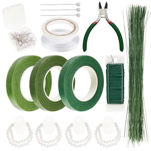 iewrtcin 13-teiliges Blumenband- und Floristen-Drahtwerkzeug-Set mit Blumendraht, grünem Klebeband, Schneider, Blumennadel, elastischen Perlenarmbändern für Blumensträuße und weißes Band von iewrtcin