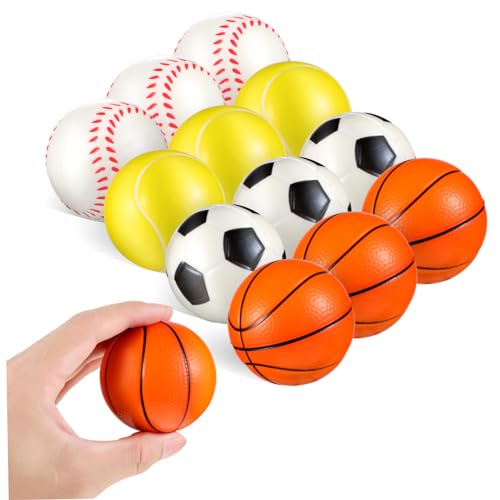 ifundom 12Stücke Stressbälle Sportbälle für Stressabbau Fußball Basketball Tennis und Baseball Kreative Squeeze Bälle für Erwachsene und Entspannungsspielzeug für Büro von ifundom