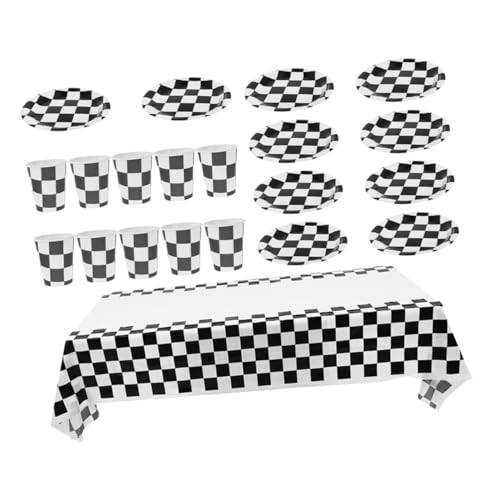 ifundom 1 Satz Schwarz-weißes Einweg-partygeschirr, Racing-Motto-Party-sammelzubehör, Themenparty-Dekoration, Tischdecke, Becher, Einweggeschirr, Festival-zubehör von ifundom