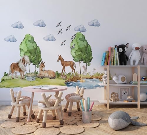 Wandaufkleber Pferde und Ponys, Fohlen am Teich, Kaninchen und Enten, Pastelltiere für Kinderzimmer, Wanddekoration im Pastellstil Wandaufkleber Pferde und Ponys, Fohlen am Teich, Kaninchen und Enten, Pastelltiere für Kinderzimmer, Wanddekoration im Pastellstil von igibee