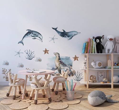 Wandtattoo Meerestiere für Kinderzimmer, Abnehmbare Wandsticker Delfin und Robbe, Unterwasserwelt Deko, Korallenriff Wandbilder, Maritime Wandaufkleber für Jungen Wandtattoo Meerestiere für Kinderzimmer, Abnehmbare Wandsticker Delfin und Robbe, Unterwasserwelt Deko, Korallenriff Wandbilder, Maritime Wandaufkleber für Jungen von igibee