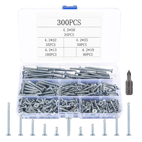 300-teiliges Bohrschrauben Set, M4.2 Senkkopf Kreuzschlitz, 13-50mm Länge, Selbstschneidende Blechschrauben mit Sortierbox 300-teiliges Bohrschrauben Set, M4.2 Senkkopf Kreuzschlitz, 13-50mm Länge, Selbstschneidende Blechschrauben mit Sortierbox von iguTrail