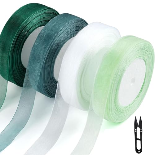 Organzaband Set, 45m x 20mm, 4 Rollen in Weiß, Aquamarin, Waldgrün, Salbeigrün, Dekoratives Geschenkband Organzaband Set, 45m x 20mm, 4 Rollen in Weiß, Aquamarin, Waldgrün, Salbeigrün, Dekoratives Geschenkband von iguTrail