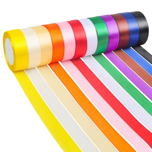 ihaspoko 12 Satinband Geschenkband Schleifenband 25mm x 22m - Polyester Dekoband in 12 Farben für Hochzeitsdekoration, Geschenkverpackung, DIY Basteln, Weihnachten, Ostern von ihaspoko