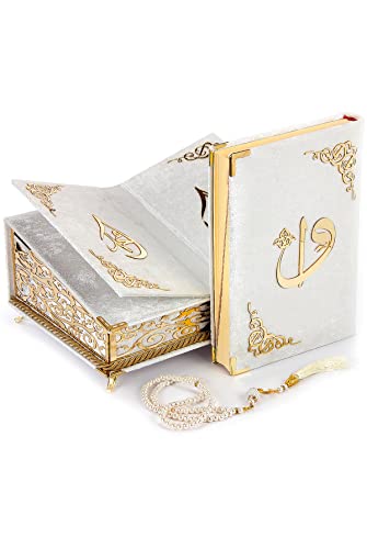 ihvan online Spezielle elegante samtige dekorative Schachtel mit Rahel, samtiges Koranbuch in Arabisch, muslimisches Heim- und Tischdekor, perfekter islamischer Ramadan Eid Geschenke, weiß von ihvan online