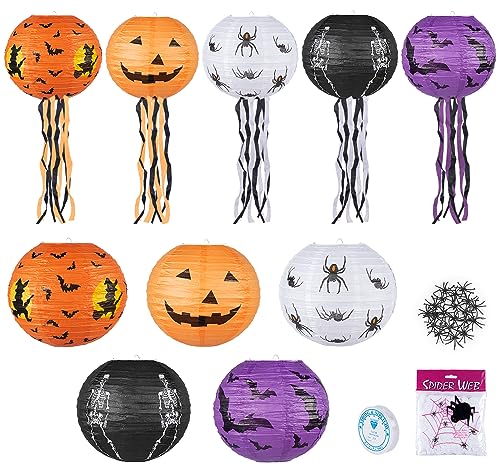 10 Halloween Laterne Papier,5 Stile Runden Halloween Papierlaterne Hängedeko Kinder+50g Spinnennetz Halloween+20 Spinnen,Geist Schläger Spinne mit Quasten Faltbar Papierlaternen für Halloween(8”+10”) von ilauke