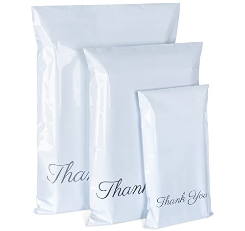 Weiß Versandtüten aus Plastik mit"Thank You",60 Stück Versandtaschen in 3 Größen,A3 B4 C5 Versandbeutel Plastik Selbstklebend und Blickdicht für Kleidung und Textilien(15 x 27/25 x 35/30 x 42cm) von ilauke