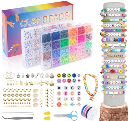 Clay Beads Bracelet Making Set, 6mm Heishi Perlen für Armbänder mit 400 Stück 24 Set A - Z Buchstabenperlen, 24 Farben Polymer Clay für Ringen Halsketten Geschenk (7200 Stück) von ilauke
