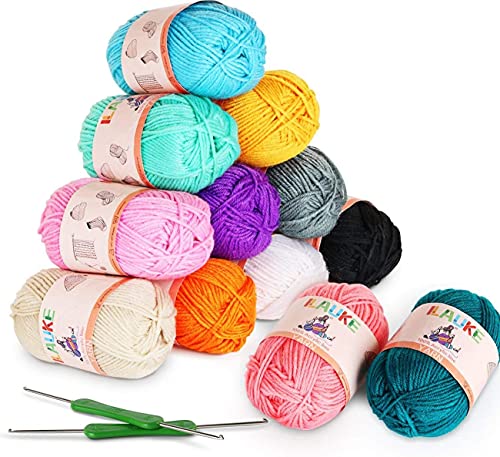 Acrylwolle Set - 12 Farben Häkelgarn, 50G Strickgarn Aus 100% Acryl, Mehrfarbig Mit 2 Häkeln für Anfänger, Kinder Strickwolle Handstrickgarn für Häkeln und Kunsthandwerk von ilauke