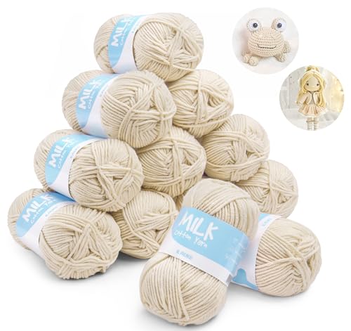 Baby Häkelgarn 12er* 50g/Ball - Super Weiche 100% Acryl Garn für Anfänger und Kinder Antipilling Milch-Baumwolle zum Stricken & Häkeln (Beige) von ilauke