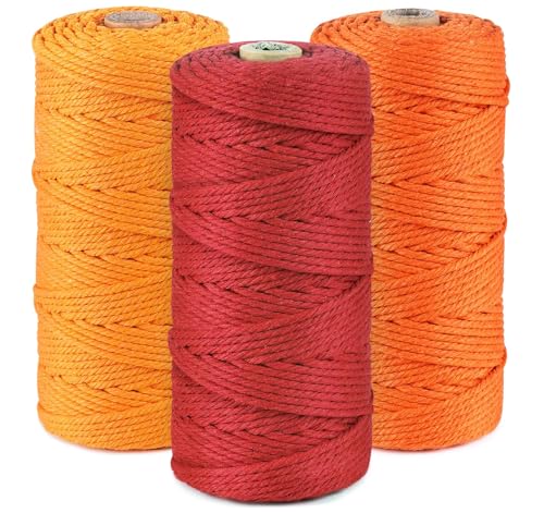 Makramee Garn 3er Set,ilauke Weiche Baumwollgarn Baumwollschnur Makramee 3mm für DIY Projekte - 3 x 100m Baumwolle Baumwollkordel zum Makramee Wandbehang, Traumfänger, Blumenampel,Golden+Orange+Rot von ilauke