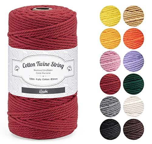 Natürliches garn 3mm,ilauke 100m Natürliche Baumwollgarn, Superweiche Schnur Natur Macrame Cord aus 4-lagig Makramee Baumwollkordel für DIY Handwerk Basteln Wand Aufhängung Pflanze Aufhänger,Rot von ilauke