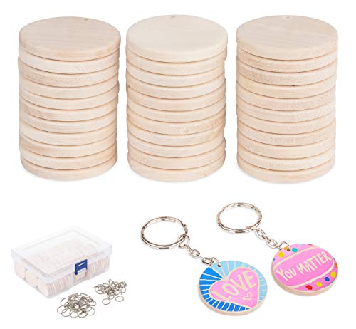 ilauke 100 Stück Holz Scheiben Holzscheiben mit Loch und 100 Stück Schlüsselringe für DIY Heimwerker, Weihnachtsschmuck Ornamente, Hängedekorationen (Φ35mm) von ilauke