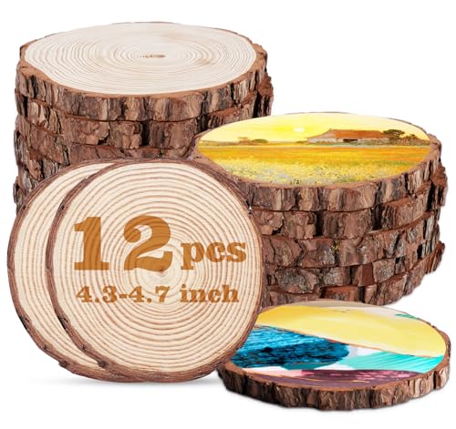 ilauke 12 Stück Holzscheiben Runde Naturholz Baumscheiben, Holz Log Scheiben 11-12cm Durchmesser, Kiefernholz Baumscheiben für DIY Handwerk Dekorationen, Runde Holzscheibe Untersetzer Holz Log von ilauke