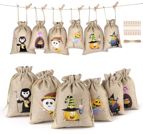 ilauke 30 Stück Halloween Jutesäcke, 10 x 15 cm + 13 x 18 cm, Süßigkeitenbeutel mit Kordel, Hanfseil und 30 Holzclips, Beutel aus Leinen, zum Aufbewahren von Süßigkeiten, Geburtstag, Halloween ilauke 30 Stück Halloween Jutesäcke, 10 x 15 cm + 13 x 18 cm, Süßigkeitenbeutel mit Kordel, Hanfseil und 30 Holzclips, Beutel aus Leinen, zum Aufbewahren von Süßigkeiten, Geburtstag, Halloween von ilauke