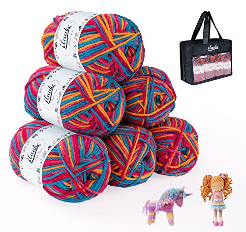ilauke 6 Stück Wolle zum Häkeln Stricken, 50g/100m Häkelgarn mit Tragetasche, Baumwolle, Baumwollgarn für Anfänger Set Acryl Dicke Bunte Regenbogen Acrylwolle, Yarn Crochet, Stricken Häkeln von ilauke
