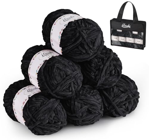 ilauke 6 x 50 g (6 x 70 m) Chenille Garn, Wolle Chenille zum Häkeln mit Nadeln mit Häkelzubehör und Handtasche, Plüschwolle zum Häkeln für Kleidung, Decken, Taschen, Pullover, DIY, Schwarz von ilauke