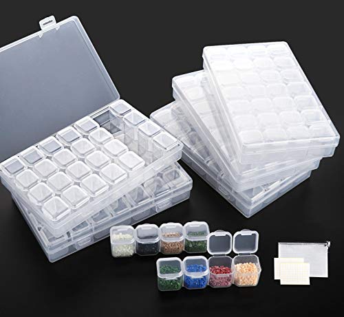 Diamond Painting Zubehör Boxen,ilauke 5 x Aufbewahrungsboxen mit 28 Fächern,Sortierbox für Stickerei Zubehör mit Organizer-Tasche und Aufkleber für Perlen Nailart Schmuck Organizer DIY Kunst Handwerk von ilauke