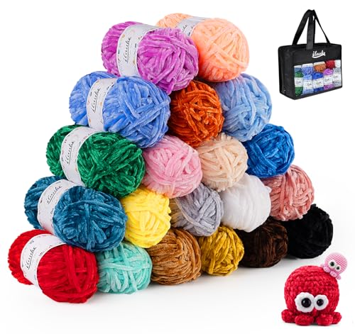 ilauke Chenille Garn 20 x 30 g (20 x 42 m) - Samt Garn zum Stricken und Häkeln Mit Nadeln, Häkelzubehör und Handtasche - Weiches Chenille für Kleidung, Decken, Taschen, Pullover, DIY von ilauke