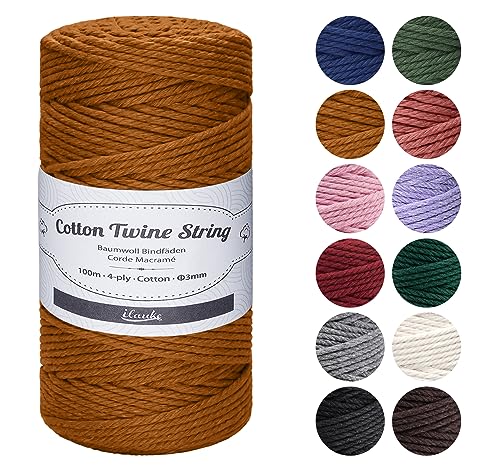 ilauke Makramee Garn 3 mm x 100 m, 4-lagig Baumwollgarn Macrame Cord Kordel Garn für Makramee Schnur DIY Handwerk, Basteln Weben Dekoration, Pflanzenbügel Aufhänger, Karamellfarbe von ilauke