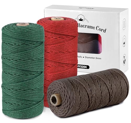 ilauke Makramee Garn 3er Set, Weiche Baumwollgarn Baumwollschnur Makramee 3mm für DIY Projekte - 3 x 100m Baumwolle Baumwollkordel zum Makramee Wandbehang, Traumfänger, Blumenampel,Rot+Kaffee+Grün ilauke Makramee Garn 3er Set, Weiche Baumwollgarn Baumwollschnur Makramee 3mm für DIY Projekte - 3 x 100m Baumwolle Baumwollkordel zum Makramee Wandbehang, Traumfänger, Blumenampel,Rot+Kaffee+Grün von ilauke
