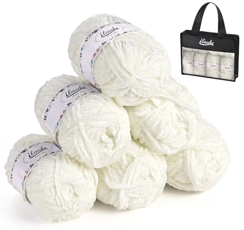 ilauke Pelote Chenille Garn, 6 x 50 g (6 x 70 m) Chenille Wolle zum Häkeln und Häkeln mit Nadeln mit Häkelzubehör und Handtasche, Häkelwolle Flauschig für Kleidung, Decken, Taschen, Pullover, Weiß von ilauke