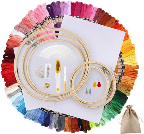 ilauke Stickgarn set 100 Farben,Kreuzstich Set mit Jutebeutel,Rahmen aus Bambus,Embroidery Floss Multifarben Weicher Polyester Perfekt für Armbänder Knüpfen Stickerei Basteln Crafts Arts Kreuzstich von ilauke