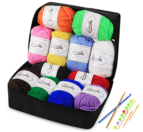 ilauke Strickwolle aus Acryl, Wolle zum Häkeln 12 x 50g, Set aus Superweichem Acrylgarn für Handweben, Häkelgarn mit 2 Haken, 2 Nadeln, 8 Nadelmarker und Aufbewahrungstasche wiederverwendbar ilauke Strickwolle aus Acryl, Wolle zum Häkeln 12 x 50g, Set aus Superweichem Acrylgarn für Handweben, Häkelgarn mit 2 Haken, 2 Nadeln, 8 Nadelmarker und Aufbewahrungstasche wiederverwendbar von ilauke