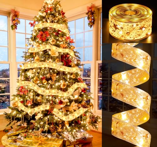 ilauke Weihnachts-Lichterkette, goldfarben, batteriebetrieben, 120 LEDs, warmweiße Lichterkette, für den Außenbereich, Innenbereich, Weihnachtsbaum, Dekoration von ilauke