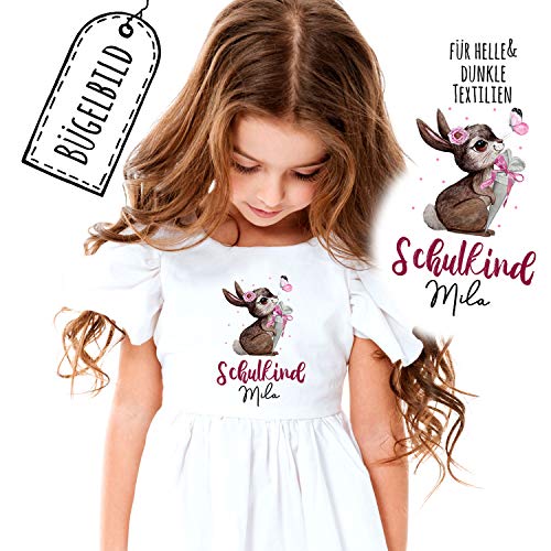 Bügelbilder zum Schulbeginn Häschen mit Schultüte & Wunschname Schulkind Applikation Kissen Shirt Taschen Bügelbild Patch in A5 bb178 ilka parey wandtattoo-welt® von ilka parey wandtattoo-welt