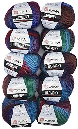 10 x 50 g YarnArt Harmony Strickwolle mehrfarbig mit Farbverlauf, 500 Gramm Strickgarn mit 60% Wolle-Anteil (bordeaux lila blau A1) von Ilkadim