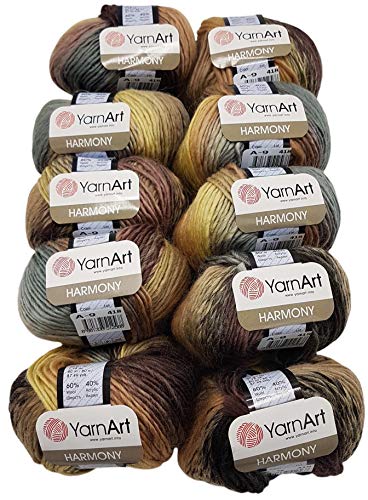 10 x 50 g YarnArt Harmony Strickwolle mehrfarbig mit Farbverlauf, 500 Gramm Strickgarn mit 60% Wolle-Anteil (braun beige taupe grau A9) von Ilkadim