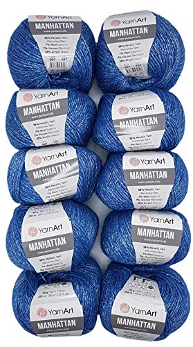 10 x 50g YarnArt Manhattan Viscose - Garn mit Glitzer, 500 Gramm Metallic-Wolle, Effektwolle (blau 907) von Ilkadim