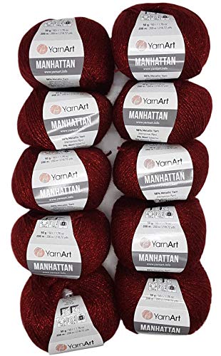 10 x 50g YarnArt Manhattan Viscose - Garn mit Glitzer, 500 Gramm Metallic-Wolle, Effektwolle (bordeaux 913) von Ilkadim