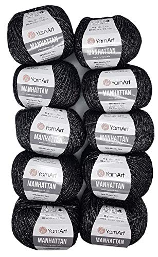 10 x 50g YarnArt Manhattan Viscose - Garn mit Glitzer, 500 Gramm Metallic-Wolle, Effektwolle (schwarz silber 915) von Ilkadim