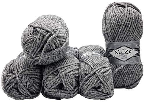 5 x 100 Gramm Alize Superlana Maxi Wolle, 500 Gramm Strickwolle 75% Acryl 25% Wolle (grau 21) von Ilkadim