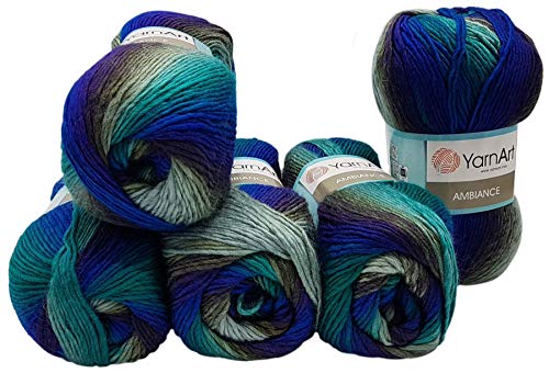 5 x 100 g YarnArt Ambiance Strickwolle mehrfarbig mit Farbverlauf, 500 Gramm Strickgarn mit 20% Wolle-Anteil (grau blau grün 158) von Ilkadim