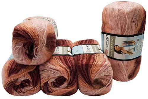 5 x 100 g YarnArt Angora Active Strickwolle mehrfarbig mit Farbverlauf, 500 Gramm Strickgarn mit 25% Mohair Wolle-Anteil (bordeaux rosa apricot 846) von Ilkadim