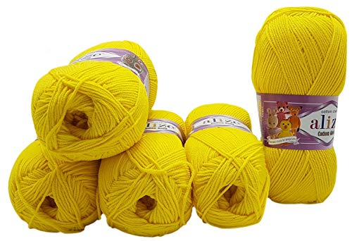 5 x 100g Strickwolle Alize Cotton gold mit 55% Baumwolle, 500 Gramm Wolle einfarbig (gelb 110) von Ilkadim
