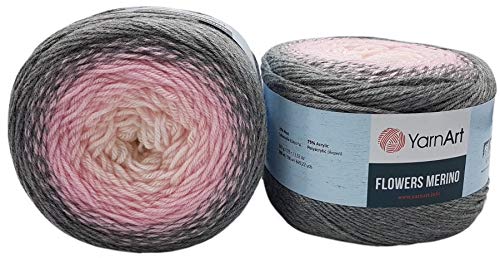 YarnArt Flowers Merino, 450 Gramm Bobbel Wolle Farbverlauf, 25% Schurwolle, Bobble Strickwolle Mehrfarbig (grau rosa weiß 544) von Ilkadim