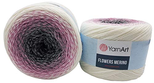 YarnArt Flowers Merino, 450 Gramm Bobbel Wolle Farbverlauf, 25% Schurwolle, Bobble Strickwolle Mehrfarbig (weiß rosa grau 546) von Ilkadim