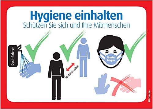 immi 4x Hygiene einhalten Hände desinfizieren, Abstand halten, Maske tragen, A6 von immi
