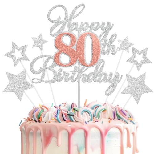 Alles Gute zum Geburtstag Kuchendeckel 80, Achtzigste Geburtstagsdekorationen Silber Roségold Kuchen Dekoration mit Sterns, Jubiläums Partyzubehör für Jungen Mädchen Teenager Männer Frauen Alles Gute zum Geburtstag Kuchendeckel 80, Achtzigste Geburtstagsdekorationen Silber Roségold Kuchen Dekoration mit Sterns, Jubiläums Partyzubehör für Jungen Mädchen Teenager Männer Frauen von imprsv