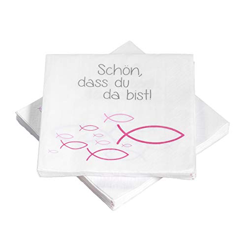 20 Servietten Fische Ichthys 'Schön, dass du da bist!' 33x33 cm - pink - für Kommunion, Taufe oder andere festliche Anlässe von in due