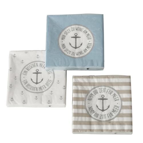 3 x 20 Servietten 'Anker Meer' Maritime Papierservietten - 3-lagig 33 x 33 cm von in due