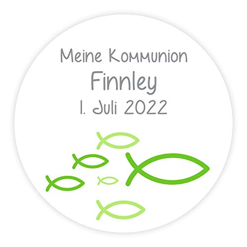 Aufkleber Fisch grün personalisiert für Kommunion, Konfirmation & Taufe - 24 Stück 4 cm Aufkleber Fisch grün personalisiert für Kommunion, Konfirmation & Taufe - 24 Stück 4 cm von in due