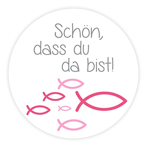 Aufkleber 'Schön, dass du da bist!' Fische pink für Kommunion, Konfirmation & Taufe - 24 Stück 4 cm Mädchen von in due