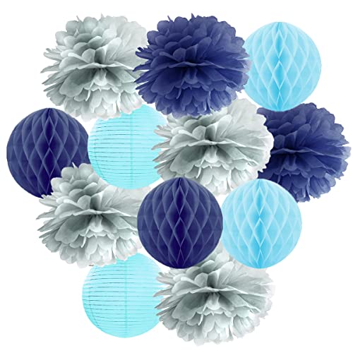 Hängedekoration 12 teilig Mix - Lampions, Wabenbälle / Honeycombs, Pompoms (blau / hellblau / silber) von in due